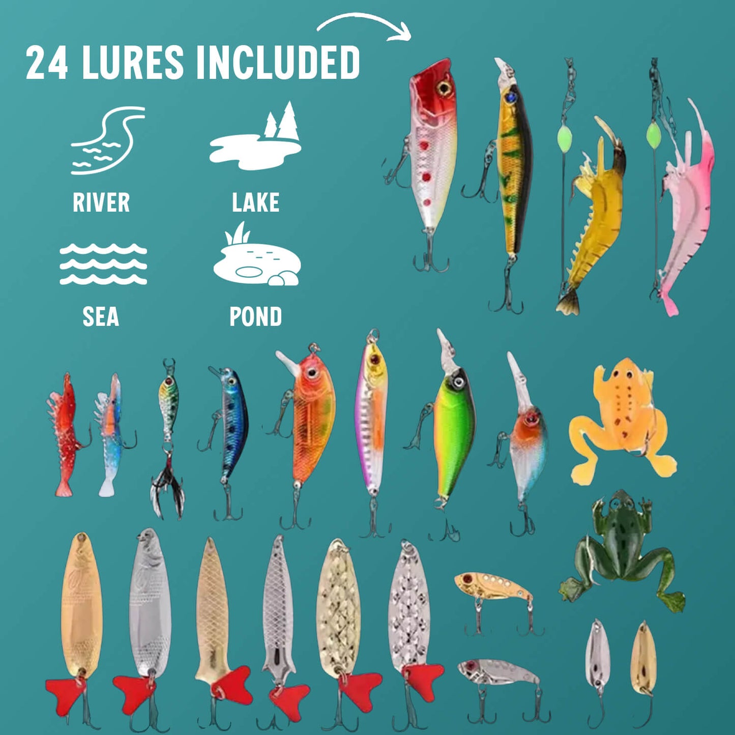 24 fishing lures included for river, lake, and sea fishing on a teal background.