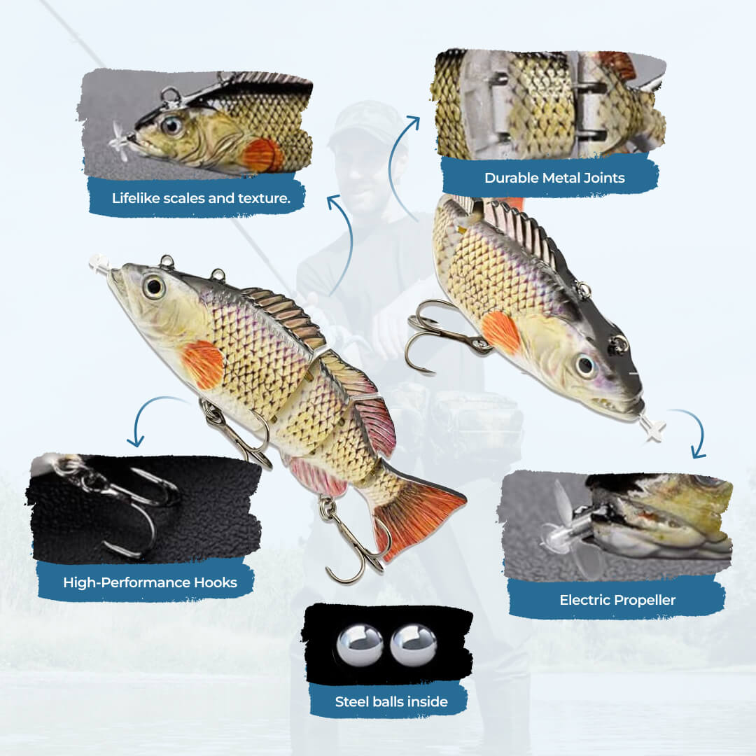 Fishing lure with features highlighted on a white background