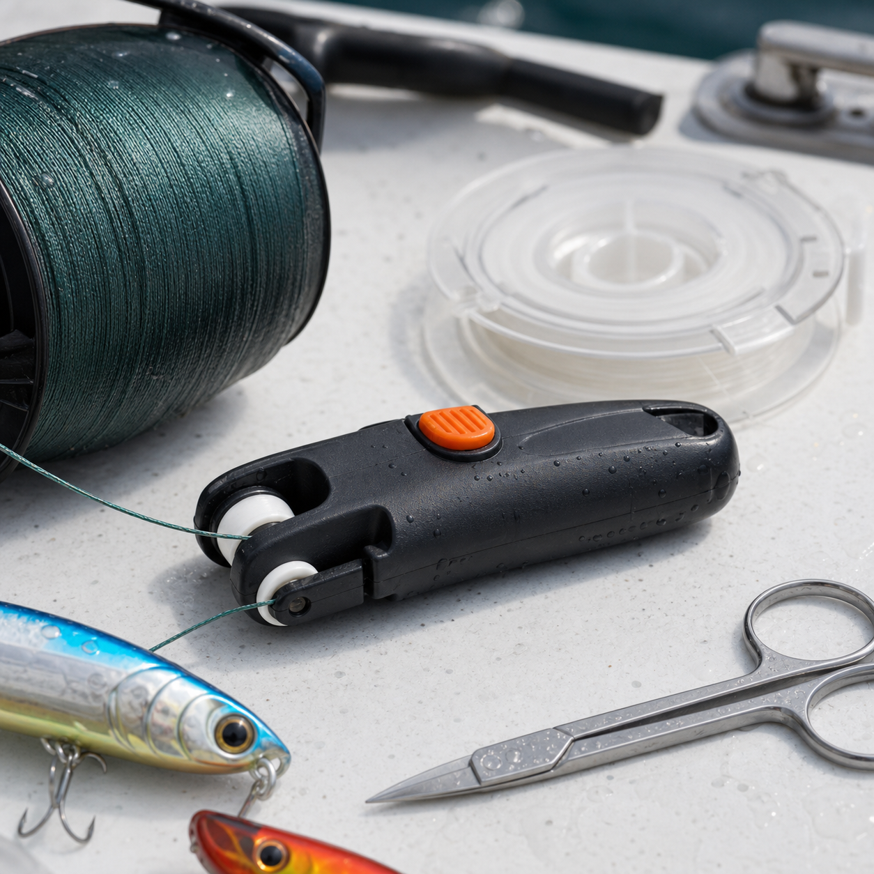 Line knotter beside fishing line, lures, and scissors on a boat deck