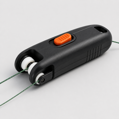 Compact black line knotter with braided line threaded through white rollers