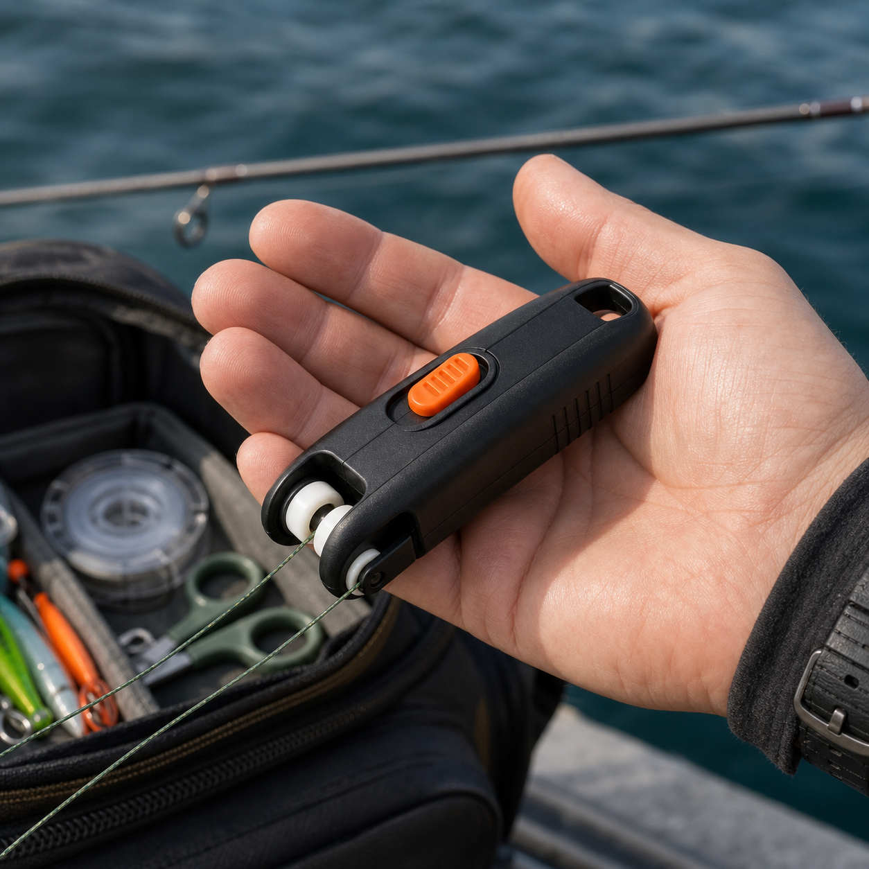 Line knotter held in an angler's palm near a tackle bag