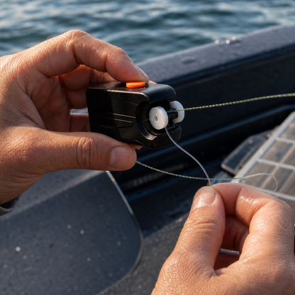 Angler using the line knotter with wet hands on a boat